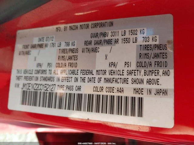 44807660 :رقم المزاد ، JM1DE1KZ2C0152127 vin ، 2012 Mazda Mazda2 Sport مزاد بيع