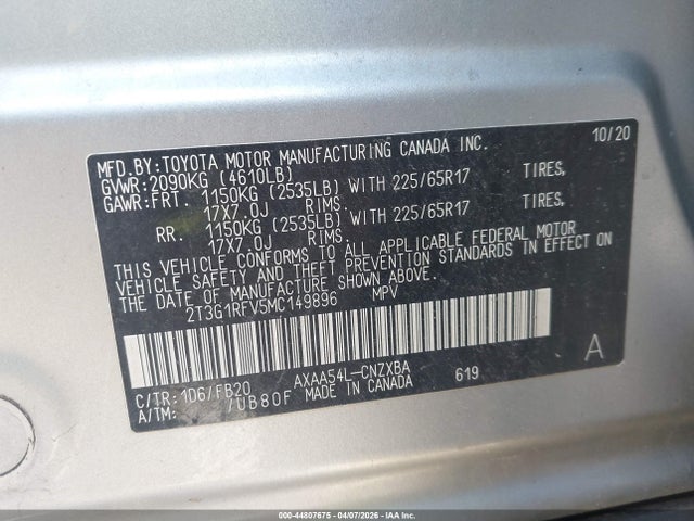 Продаж на аукціоні авто 2021 Toyota Rav4 Le, vin: 2T3G1RFV5MC149896, номер лоту: 44807675