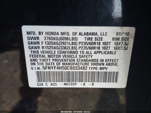 2012 Honda Pilot Ex-l მანქანა იყიდება აუქციონზე, vin: 5FNYF4H50CB033482, აუქციონის ნომერი: 44807684