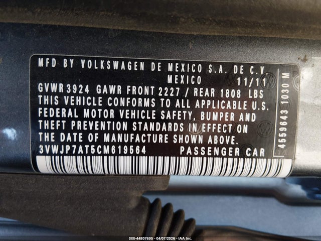 44807695 :رقم المزاد ، 3VWJP7AT5CM619564 vin ، 2012 Volkswagen Beetle 2.5l مزاد بيع