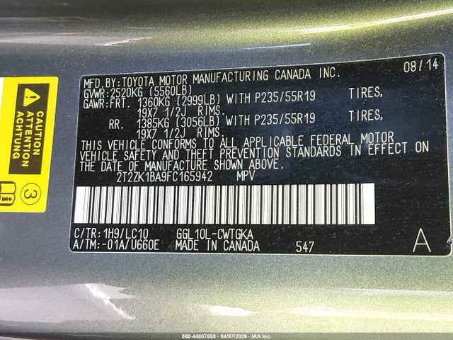 2T2ZK1BA9FC165942 Lexus RX 350
