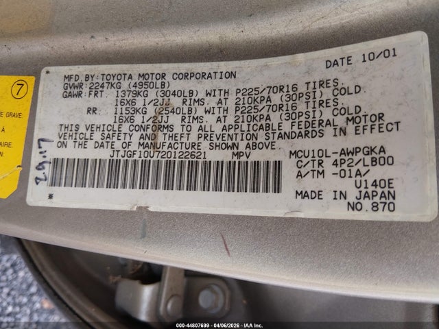 2002 Lexus Rx 300 მანქანა იყიდება აუქციონზე, vin: JTJGF10U720122621, აუქციონის ნომერი: 44807699