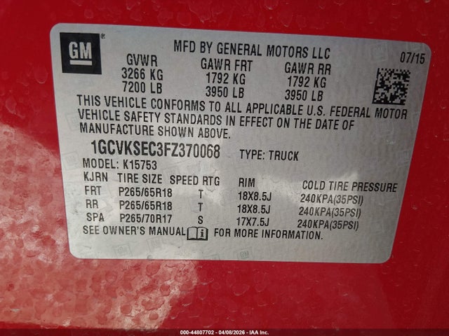 Aukcja sprzedaży 2015 Chevrolet Silverado 1500 1lz, vin: 1GCVKSEC3FZ370068, numer aukcji: 44807702