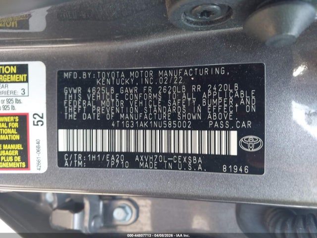 4T1G31AK1NU585002 Toyota Camry Se Hybrid