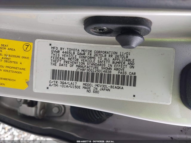 Aukcja sprzedaży 2002 Lexus Es 300, vin: JTHBF30G125014838, numer aukcji: 44807719