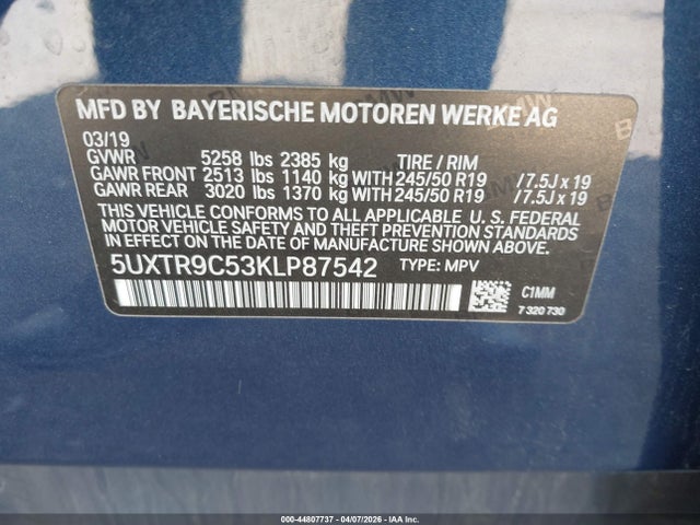 44807737 :رقم المزاد ، 5UXTR9C53KLP87542 vin ، 2019 Bmw X3 Xdrive30i مزاد بيع