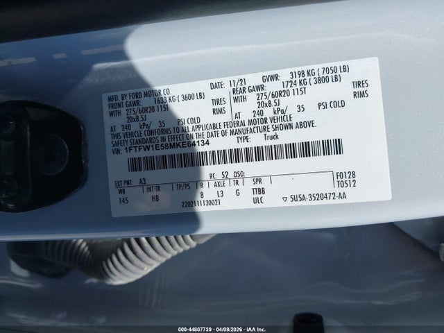 2021 Ford F-150 Lariat მანქანა იყიდება აუქციონზე, vin: 1FTFW1E58MKE64134, აუქციონის ნომერი: 44807739