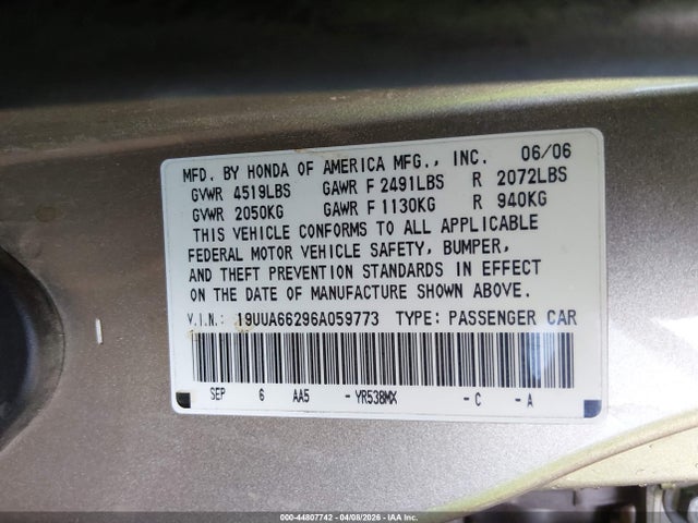 Aukcja sprzedaży 2006 Acura Tl, vin: 19UUA66296A059773, numer aukcji: 44807742