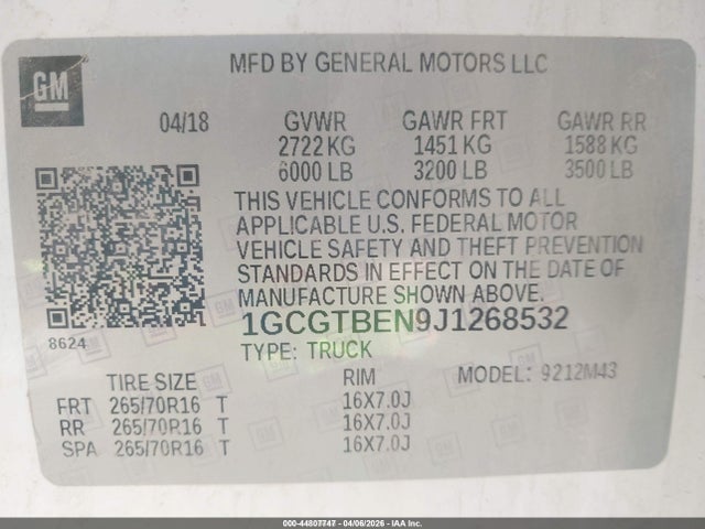 1GCGTBEN9J1268532 Chevrolet Colorado Wt