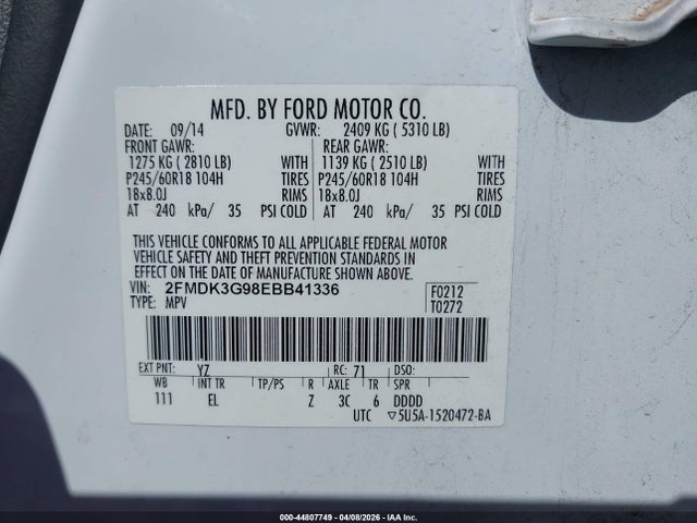 Ford EDGE SE 2014 2FMDK3G98EBB41336 Image 9