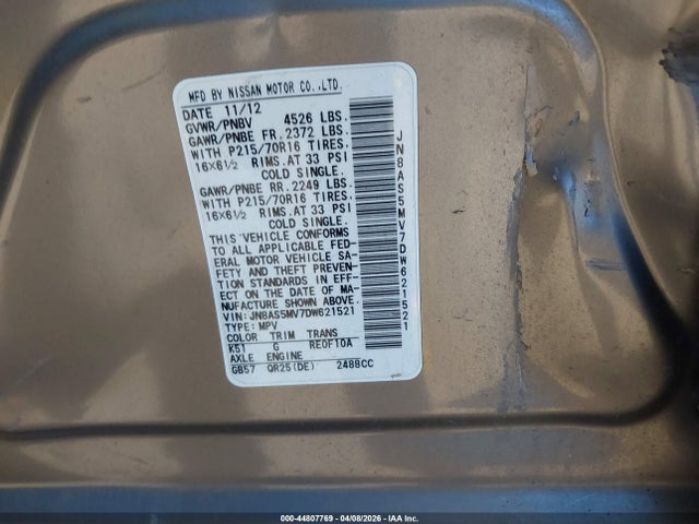 44807769 :رقم المزاد ، JN8AS5MV7DW621521 vin ، 2013 Nissan Rogue S مزاد بيع