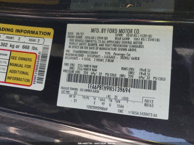 1FA6P8TH9N5139694 Ford Mustang Ecoboost Fastback