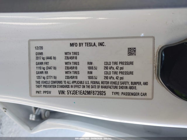 Aukcja sprzedaży 2021 Tesla Model 3 Standard Range Plus Rear-wheel Drive, vin: 5YJ3E1EA2MF873925, numer aukcji: 44807800