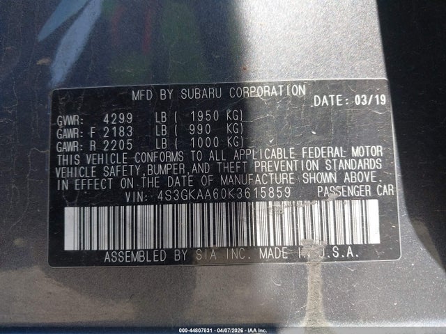 2019 Subaru Impreza 2.0i მანქანა იყიდება აუქციონზე, vin: 4S3GKAA60K3615859, აუქციონის ნომერი: 44807831