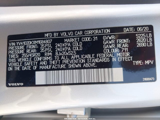 2021 Volvo Xc60 T5 Momentum მანქანა იყიდება აუქციონზე, vin: YV4102DKXM1684807, აუქციონის ნომერი: 44807836
