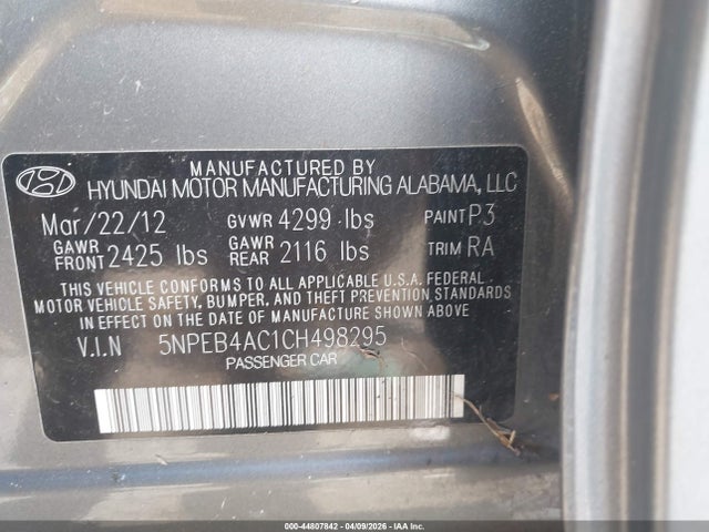 2012 Hyundai Sonata Gls მანქანა იყიდება აუქციონზე, vin: 5NPEB4AC1CH498295, აუქციონის ნომერი: 44807842