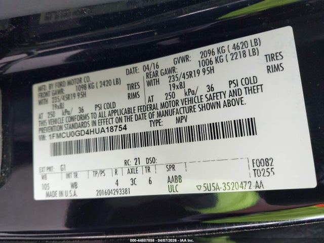 2017 Ford Escape Se მანქანა იყიდება აუქციონზე, vin: 1FMCU0GD4HUA18754, აუქციონის ნომერი: 44807858