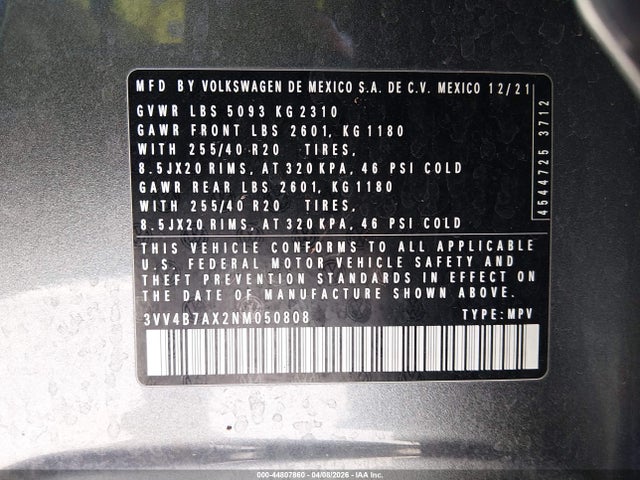 Продаж на аукціоні авто 2022 Volkswagen Tiguan 2.0t Sel R-line, vin: 3VV4B7AX2NM050808, номер лоту: 44807860