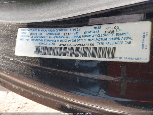 44807865 :رقم المزاد ، 3VWFE21C72M437359 vin ، 2002 Volkswagen New Beetle Turbo S مزاد بيع