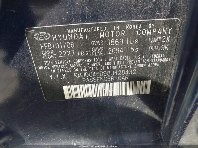 2008 HYUNDAI ELANTRA KMHDU46D98U428432 Photo 8