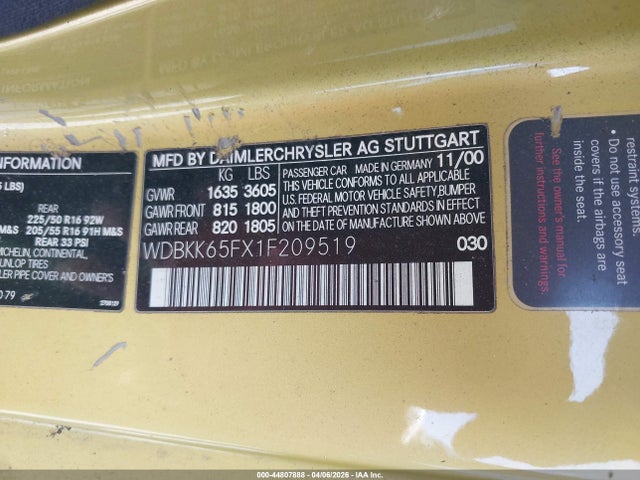 Aukcja sprzedaży 2001 Mercedes-benz Slk 320, vin: WDBKK65FX1F209519, numer aukcji: 44807888