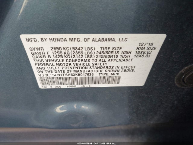 Aukcja sprzedaży 2019 Honda Pilot Ex-l, vin: 5FNYF6H53KB047936, numer aukcji: 44807894