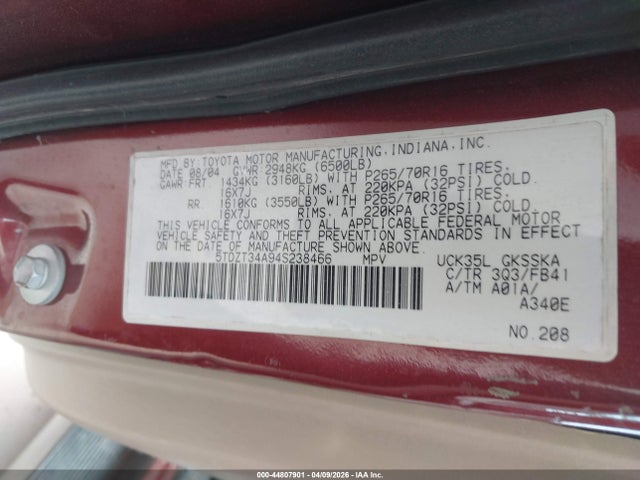 Продажа на аукционе авто 2004 Toyota Sequoia Sr5 V8, vin: 5TDZT34A94S238466, номер лота: 44807901