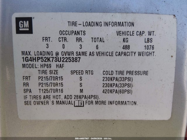 2003 Buick Lesabre Custom მანქანა იყიდება აუქციონზე, vin: 1G4HP52K73U225387, აუქციონის ნომერი: 44807907