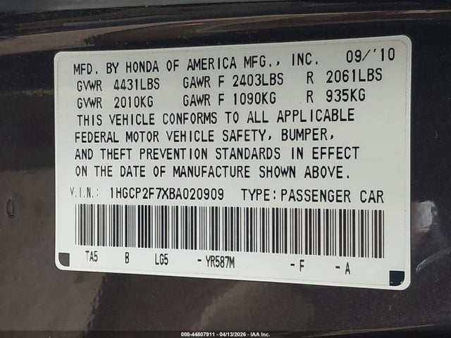 Продажа на аукционе авто 2011 Honda Accord 2.4 Ex, vin: 1HGCP2F7XBA020909, номер лота: 44807911