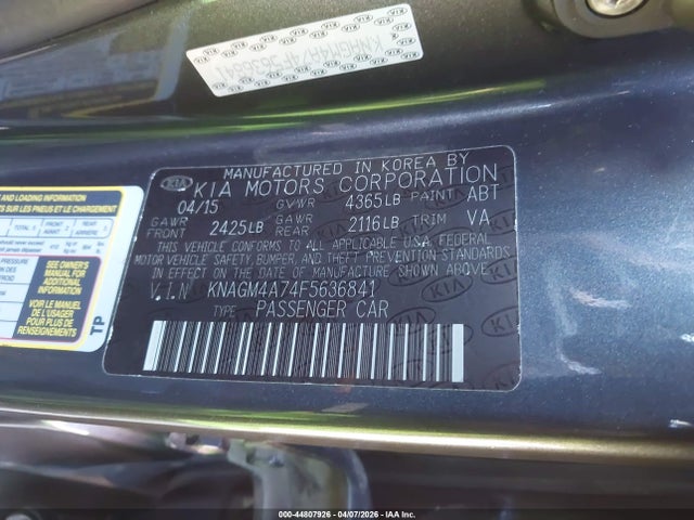 44807926 :رقم المزاد ، KNAGM4A74F5636841 vin ، 2015 Kia Optima Lx مزاد بيع
