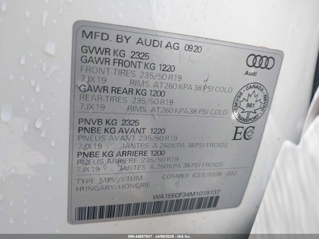 2021 Audi Q3 Premium Plus 45 Tfsi S Line Quattro Tiptronic მანქანა იყიდება აუქციონზე, vin: WA1EECF34M1019137, აუქციონის ნომერი: 44807937