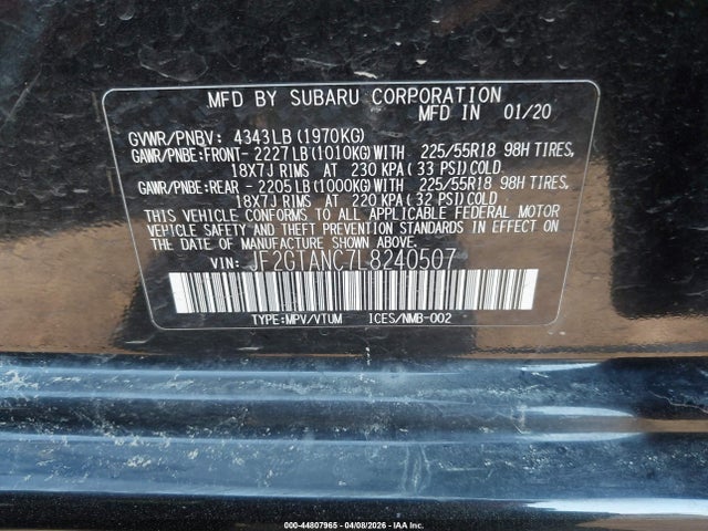 44807965 :رقم المزاد ، JF2GTANC7L8240507 vin ، 2020 Subaru Crosstrek Limited مزاد بيع
