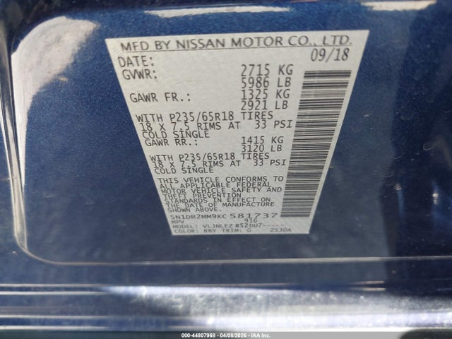 2019 Nissan Pathfinder Sv მანქანა იყიდება აუქციონზე, vin: 5N1DR2MM9KC581737, აუქციონის ნომერი: 44807968