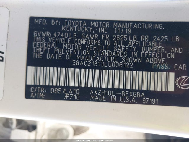 Продажа на аукционе авто 2020 Lexus Es 300h, vin: 58AC21B13LU006122, номер лота: 44807969
