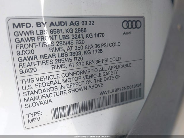 44807988 :رقم المزاد ، WA1LXBF72ND013836 vin ، 2022 Audi Q7 Premium Plus 55 Tfsi Quattro Tiptronic مزاد بيع