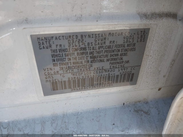 2022 Nissan Sentra Sv Xtronic Cvt მანქანა იყიდება აუქციონზე, vin: 3N1AB8CV3NY252104, აუქციონის ნომერი: 44807990