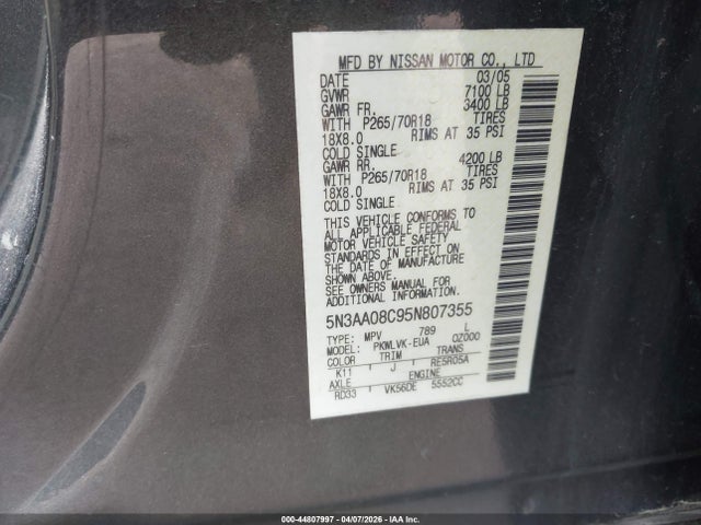 44807997 :رقم المزاد ، 5N3AA08C95N807355 vin ، 2005 Infiniti Qx56 مزاد بيع