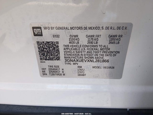 3GNAXUEVXNL281866 Chevrolet Equinox Awd Lt