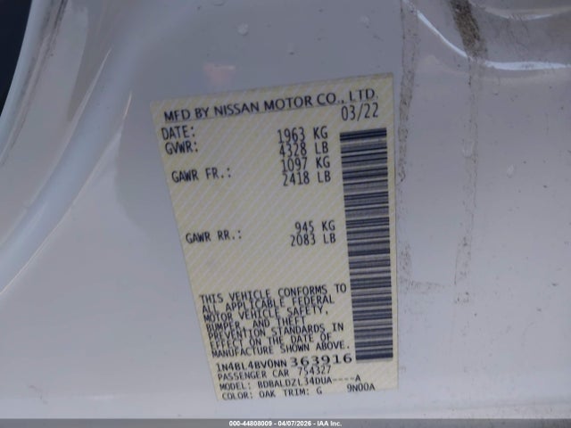 44808009 :رقم المزاد ، 1N4BL4BV0NN363916 vin ، 2022 Nissan Altima S Fwd مزاد بيع