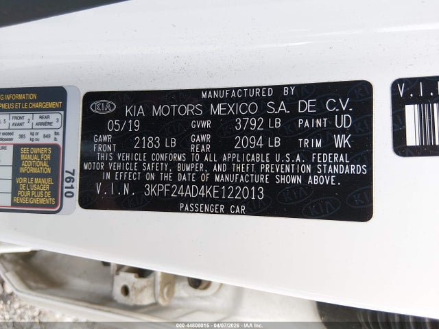 Продажа на аукционе авто 2019 Kia Forte Lxs, vin: 3KPF24AD4KE122013, номер лота: 44808015