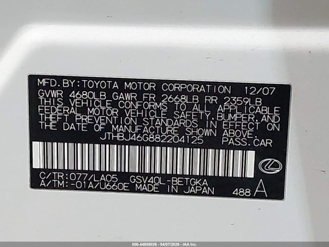 Aukcja sprzedaży 2008 Lexus Es 350, vin: JTHBJ46G882204125, numer aukcji: 44808026