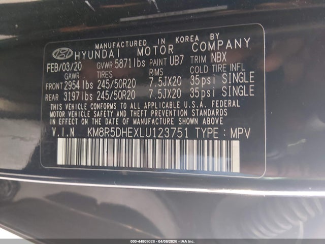 Aukcja sprzedaży 2020 Hyundai Palisade Limited, vin: KM8R5DHEXLU123751, numer aukcji: 44808028