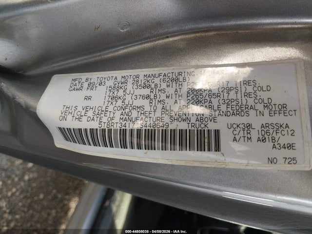 44808038 :رقم المزاد ، 5TBRT34174S440649 vin ، 2004 Toyota Tundra Sr5 V8 مزاد بيع