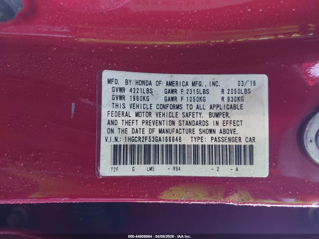 Продаж на аукціоні авто 2016 Honda Accord Sport, vin: 1HGCR2F53GA166648, номер лоту: 44808064