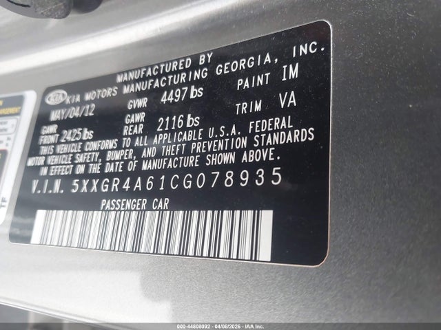 Продаж на аукціоні авто 2012 Kia Optima Sx, vin: 5XXGR4A61CG078935, номер лоту: 44808092