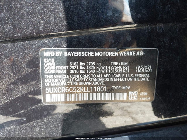 44808109 :رقم المزاد ، 5UXCR6C52KLL11801 vin ، 2019 Bmw X5 Xdrive40i مزاد بيع