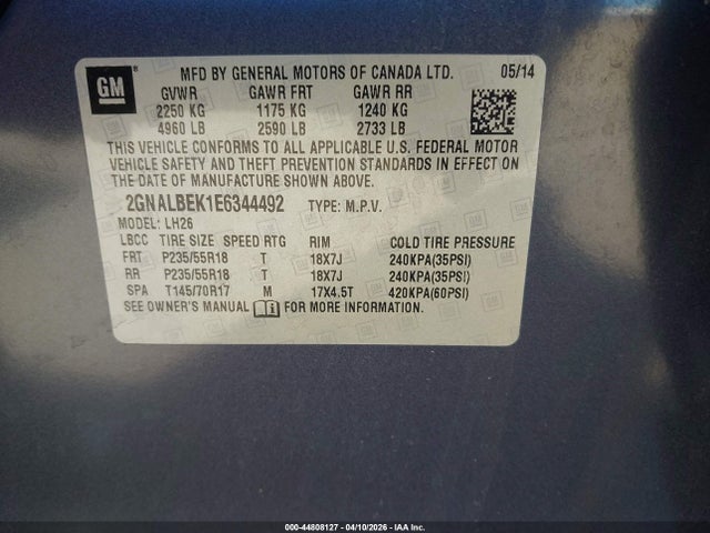 Aukcja sprzedaży 2014 Chevrolet Equinox 1lt, vin: 2GNALBEK1E6344492, numer aukcji: 44808127