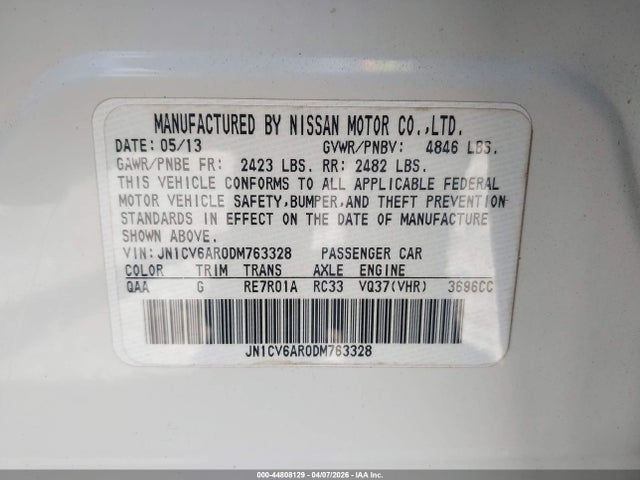 44808129 :رقم المزاد ، JN1CV6AR0DM763328 vin ، 2013 Infiniti G37x مزاد بيع