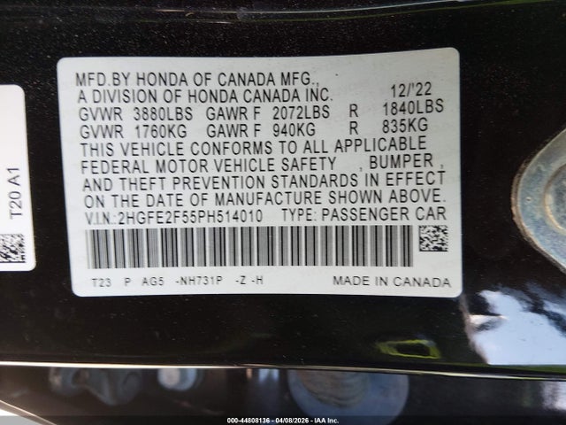 Продажа на аукционе авто 2023 Honda Civic Sport, vin: 2HGFE2F55PH514010, номер лота: 44808136