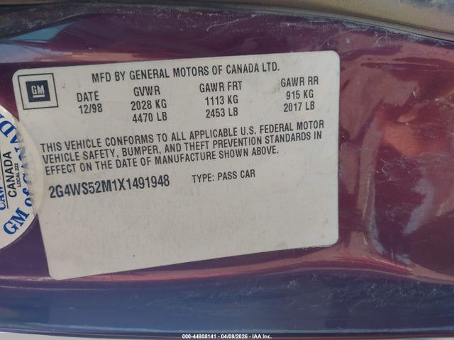 1999 Buick Century Custom მანქანა იყიდება აუქციონზე, vin: 2G4WS52M1X1491948, აუქციონის ნომერი: 44808141
